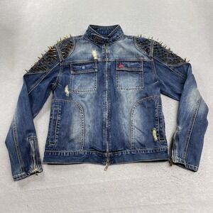 Red Tag Brand Jacket Womens 1X Blue Denim Full Zip Spikes Distressed Punk Skate